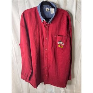 Disney Catalog Mickey Mouse Embroidered Denim Collar Red Button Up Shirt